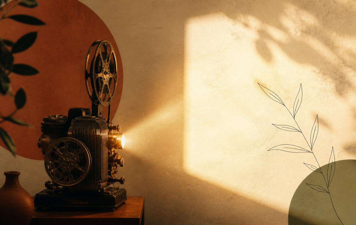 Proyector de cine vintage iluminando una pared con luz dorada